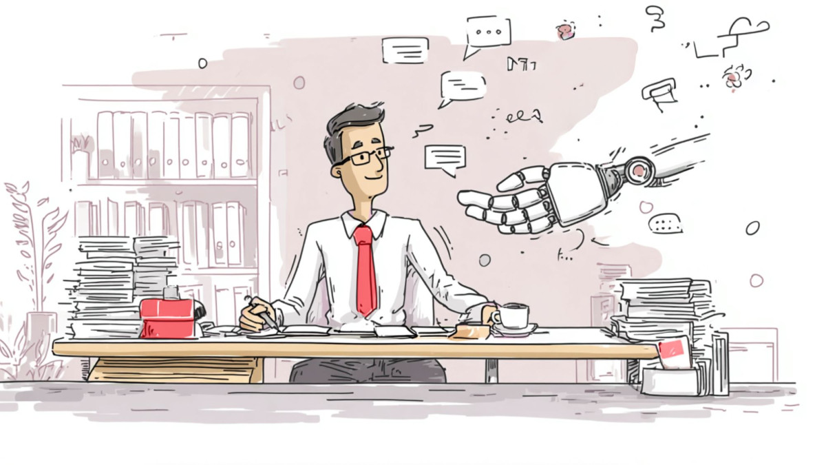 Eine Illustration von einem Makler, der am Schreibtisch sitzt und eine Roboterhand kommt um ihm zu helfen